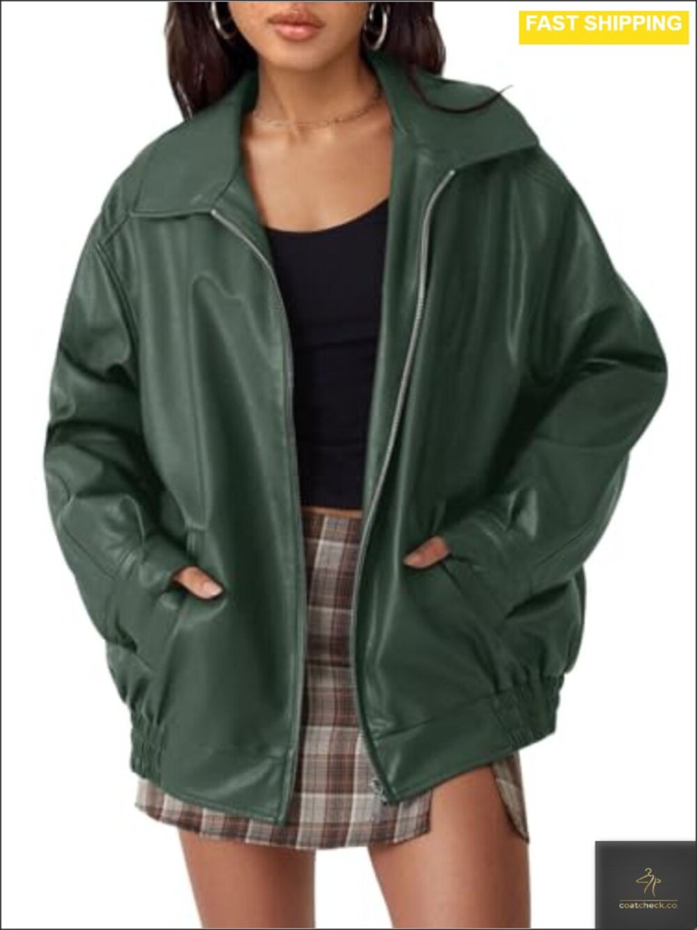 Oversized Faux Leather Moto Jacket Women Fall Winter Zip-Up